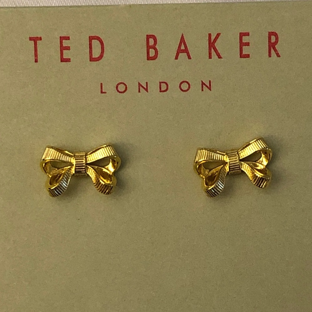 Ted Baker Polished Gold Tone Grosgrain Bow Stud Earrings NWT